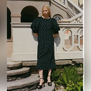 NWT Loeffler Randall Black and Green Floral Puff Sleeve Corduroy Dress Size 4